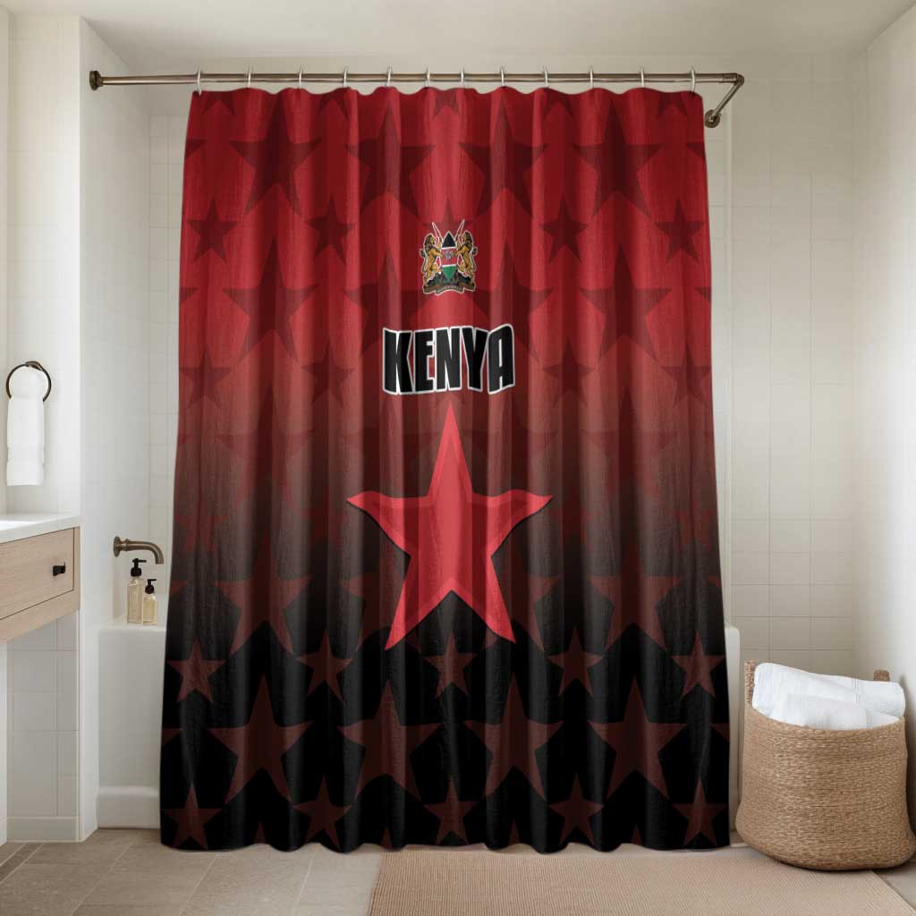 Kenya red shower curtain with large star graphic and Kenya crest
