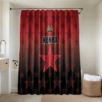 Kenya red shower curtain with large star graphic and Kenya crest