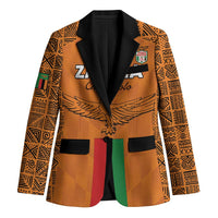 Orange football blazer with black lapels, wing emblem, striped panel, flap pockets