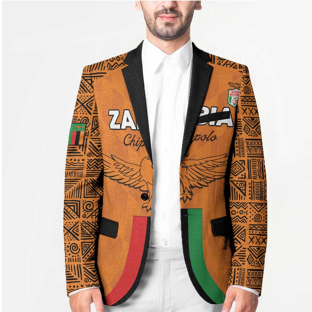 Orange football blazer on model with black trim, wing graphic, striped front panels
