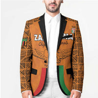 Orange football blazer on model with black trim, wing graphic, striped front panels