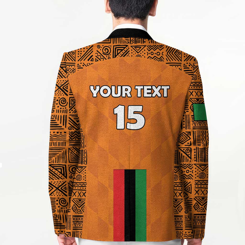 Orange blazer back panel with 'YOUR TEXT' and large number 15; vertical stripe band