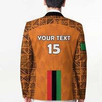 Orange blazer back panel with 'YOUR TEXT' and large number 15; vertical stripe band
