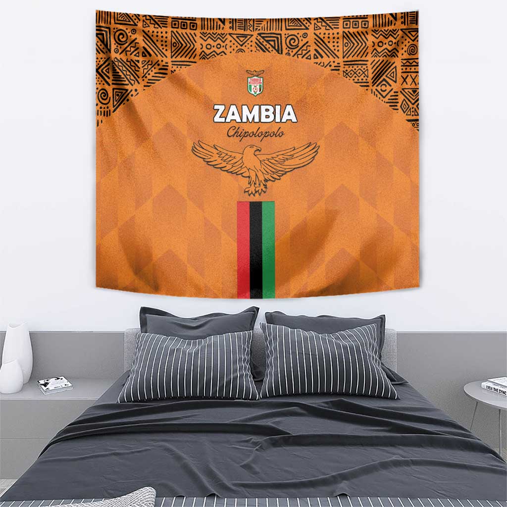 Orange Zambia football tapestry featuring crest, eagle emblem, and multicolor vertical stripe.