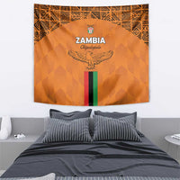 Orange Zambia football tapestry featuring crest, eagle emblem, and multicolor vertical stripe.