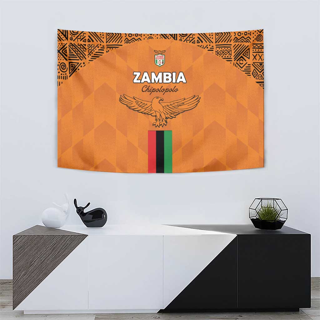 Orange Zambia football tapestry with eagle emblem, crest, and vertical Zambian flag stripe.