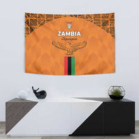 Orange Zambia football tapestry with eagle emblem, crest, and vertical Zambian flag stripe.