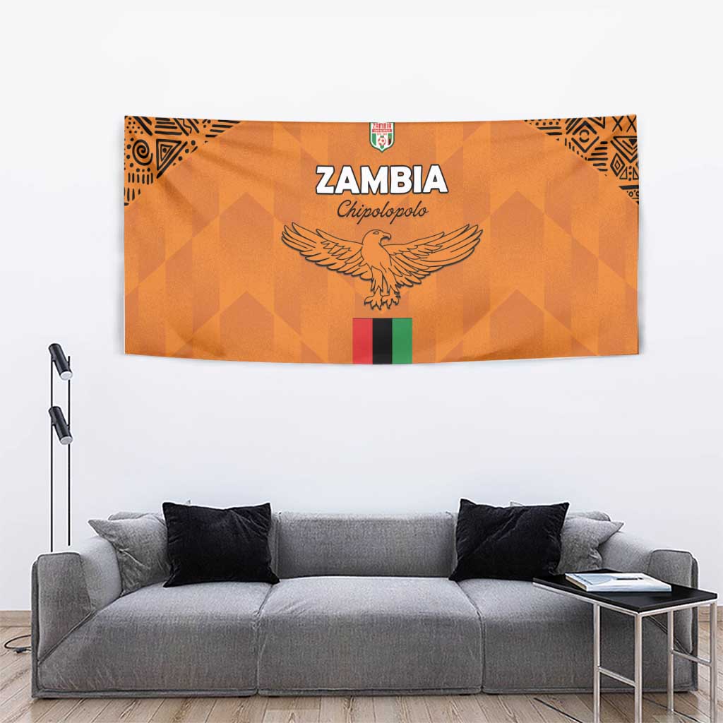 Orange Zambia football tapestry with eagle graphic, crest, and green-red vertical flag stripe.