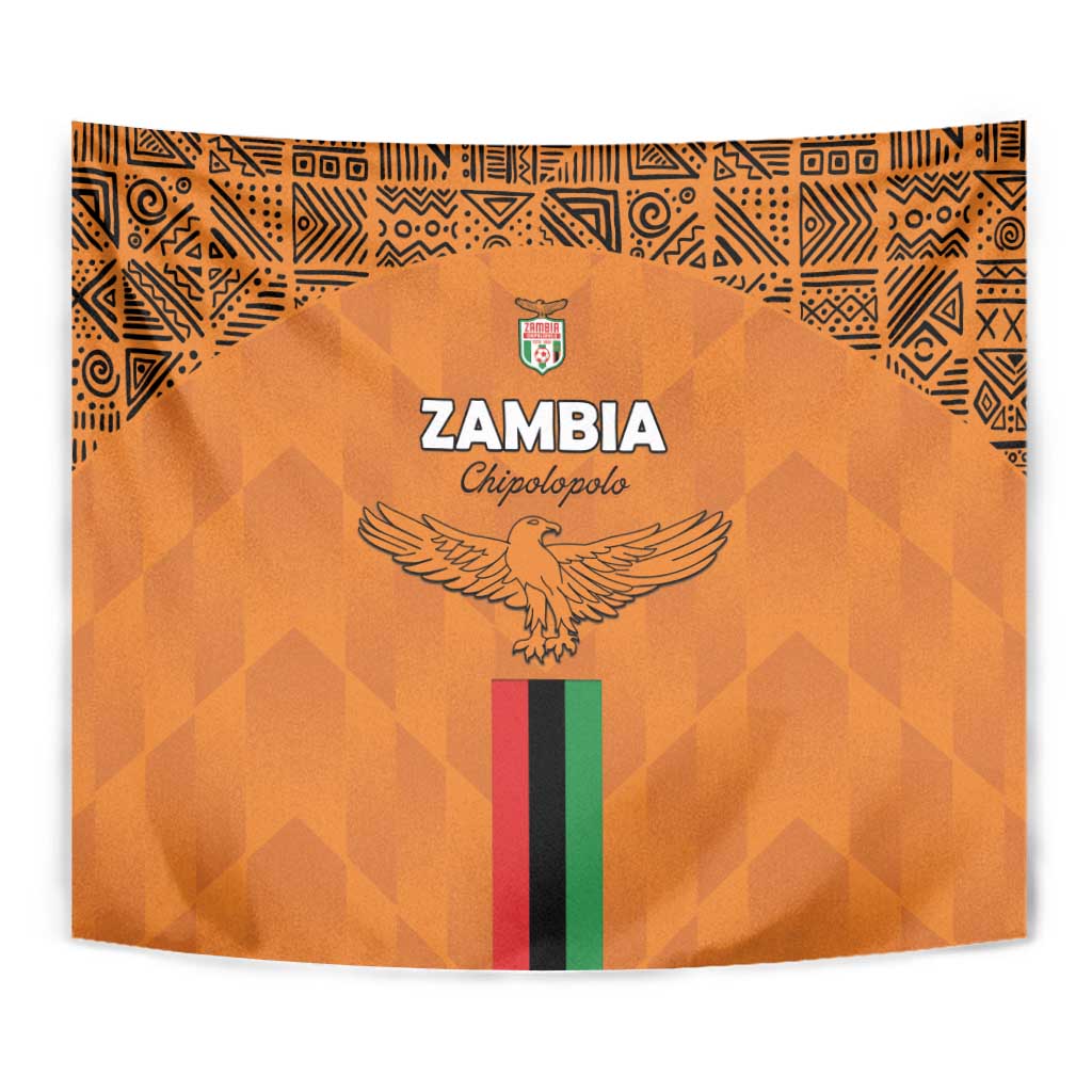 Orange Zambia football tapestry close-up with crest, eagle emblem, and multicolor vertical stripe.