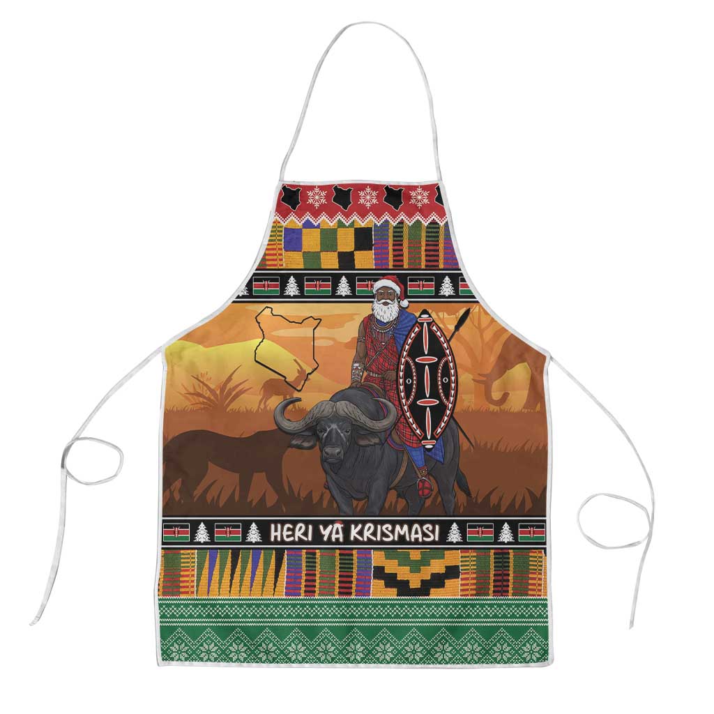 Kenya Safari Christmas Apron Black Santa Riding Cape Buffalo - Heri ya Krismasi - Wonder Print Shop