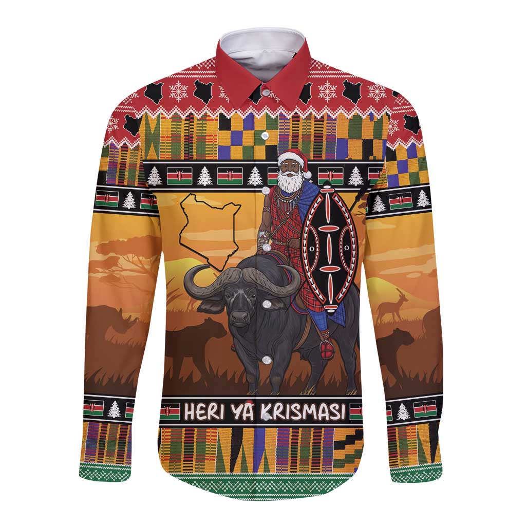 Kenya Safari Christmas Long Sleeve Button Shirt Black Santa Riding Cape Buffalo - Heri ya Krismasi - Wonder Print Shop