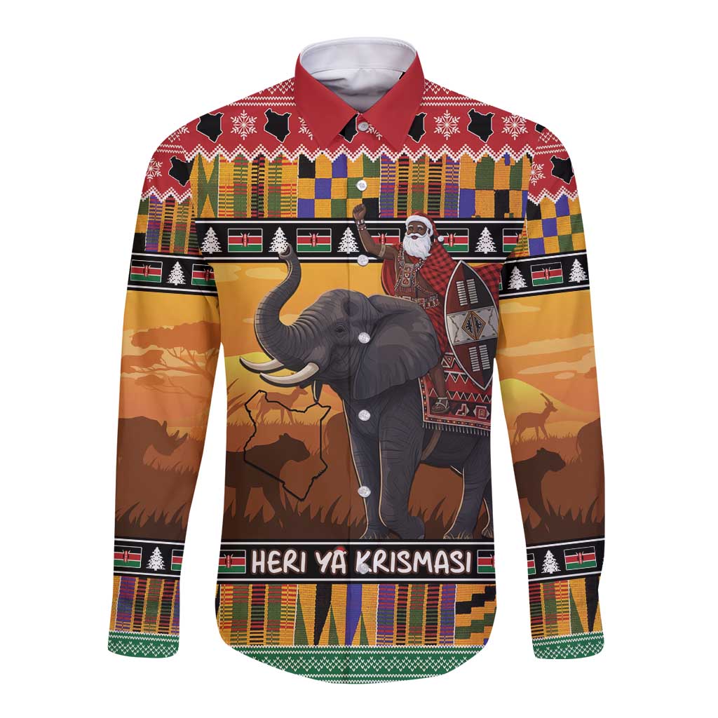Kenya Safari Christmas Long Sleeve Button Shirt Black Santa Riding Elephant - Heri ya Krismasi - Wonder Print Shop