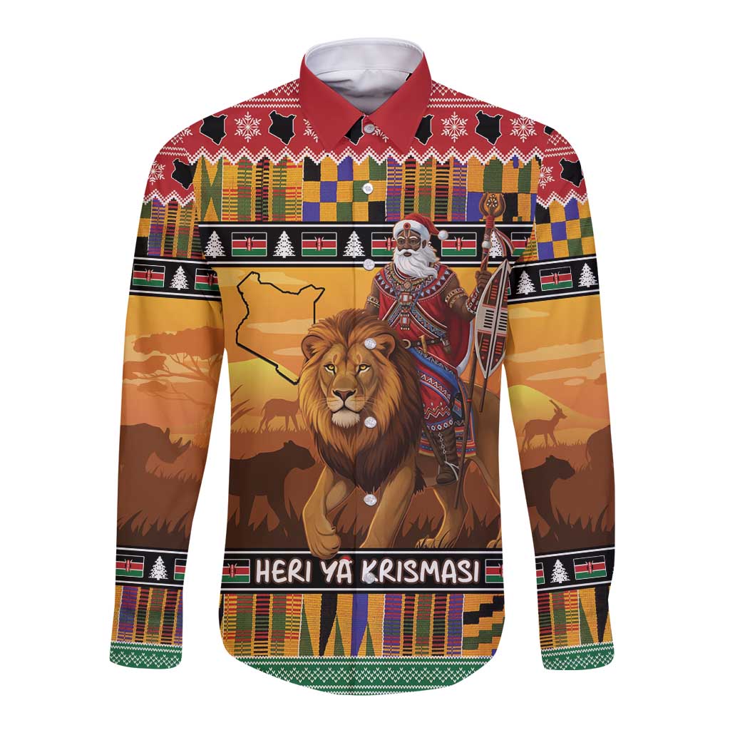 Kenya Safari Christmas Long Sleeve Button Shirt Black Santa Riding Lion - Heri ya Krismasi - Wonder Print Shop