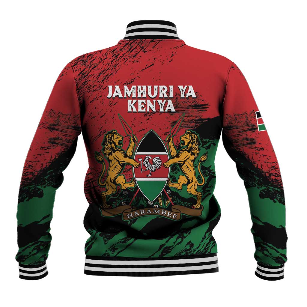 Red unisex baseball jacket with Jamhuri ya Kenya back print and coat of arms crest