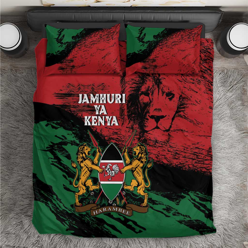 Red, green and black bedding set with coat of arms graphic and two matching pillowcases.