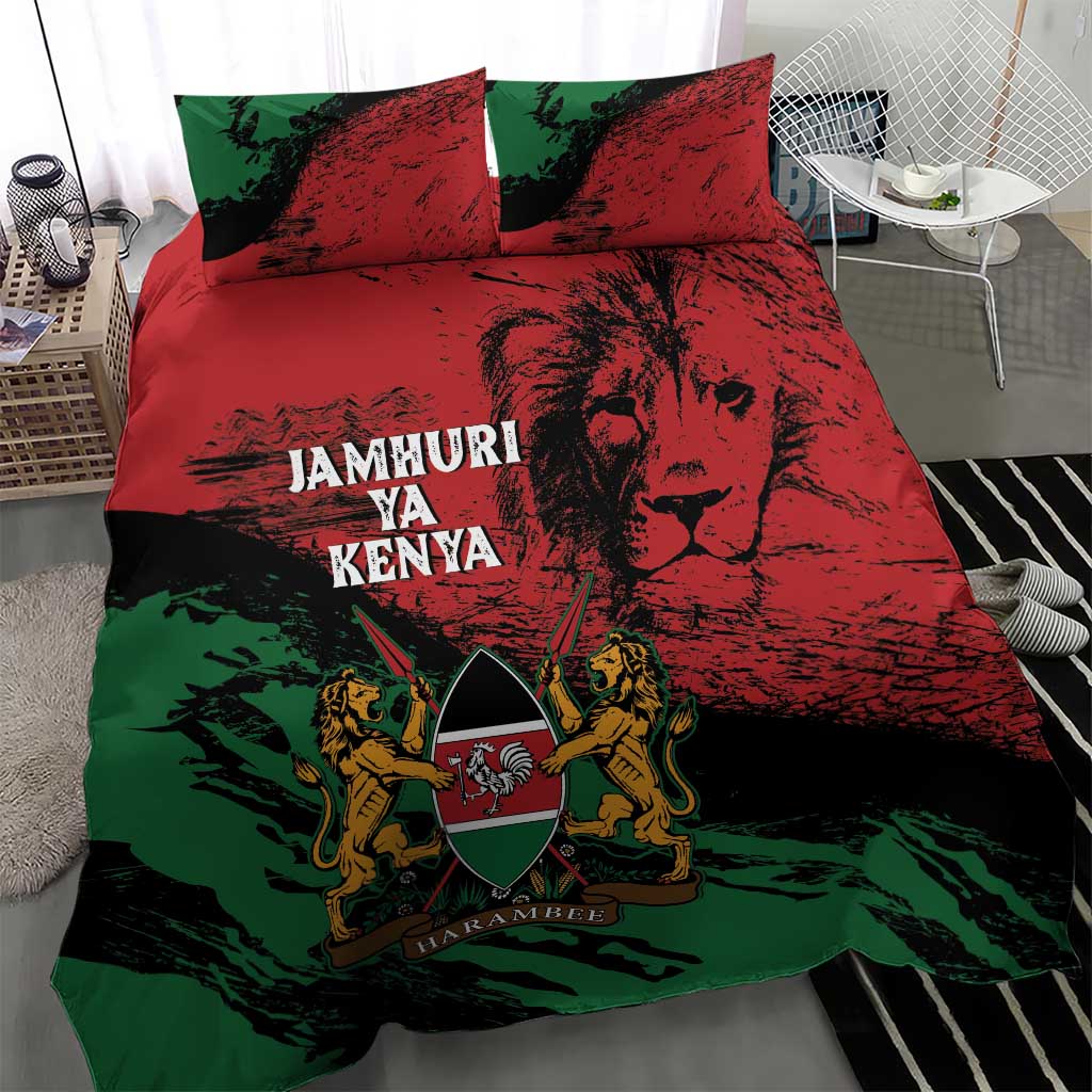 Red, green and black duvet set with lions and shield coat of arms center design.