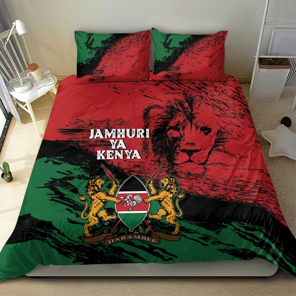 Red, green and black bedding set featuring shield coat of arms, lions and text.