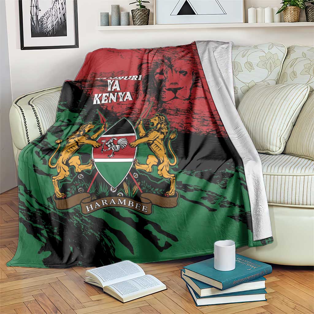 Kenya Independence Day blanket with lions crest, red green black design, JAMHURI YA KENYA text
