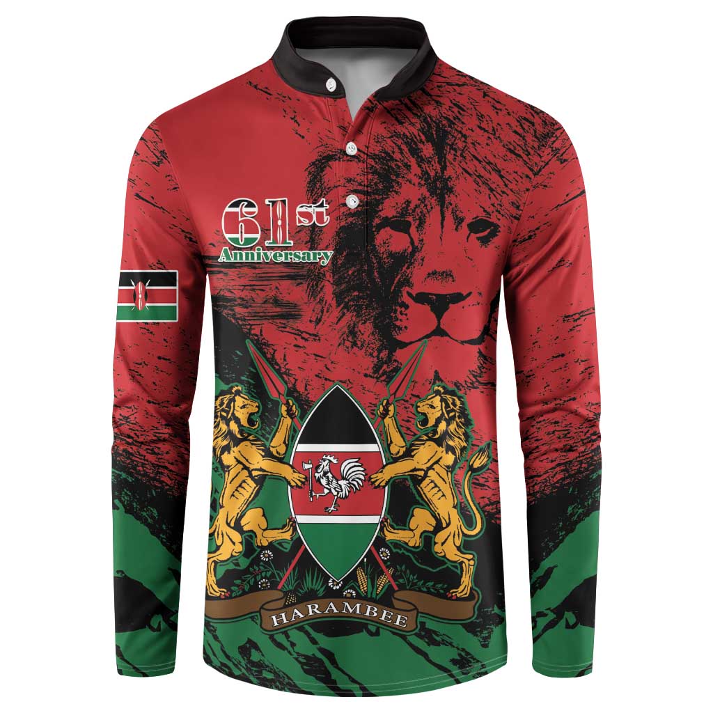 Red Kenya coat-of-arms button sweatshirt with lions, flag stripe, and 61st anniversary print