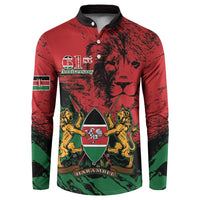Red Kenya coat-of-arms button sweatshirt with lions, flag stripe, and 61st anniversary print