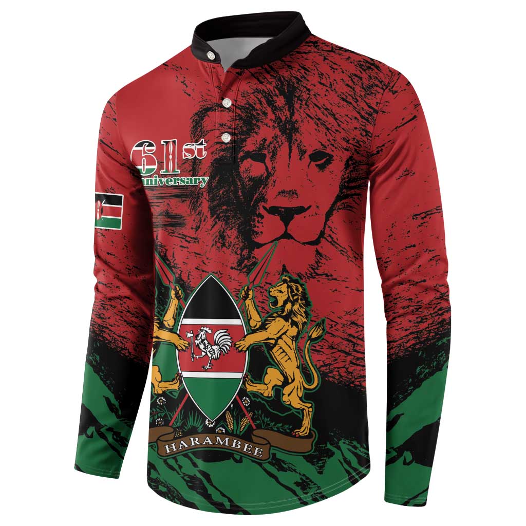 Red Kenya coat-of-arms button sweatshirt with lions crest, flag sleeve panels, and 61st logo
