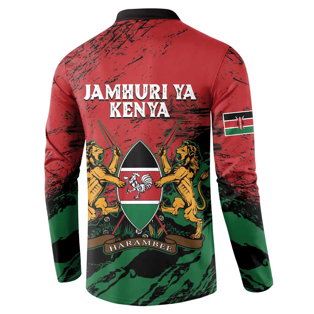 Red back-print Kenya button sweatshirt with JAMHURIYA KENYA text, coat of arms, lions