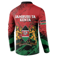 Red back-print Kenya button sweatshirt with JAMHURIYA KENYA text, coat of arms, lions