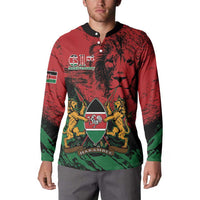 Red Kenya henley button sweatshirt with coat-of-arms shield, lions, and flag accent sleeves