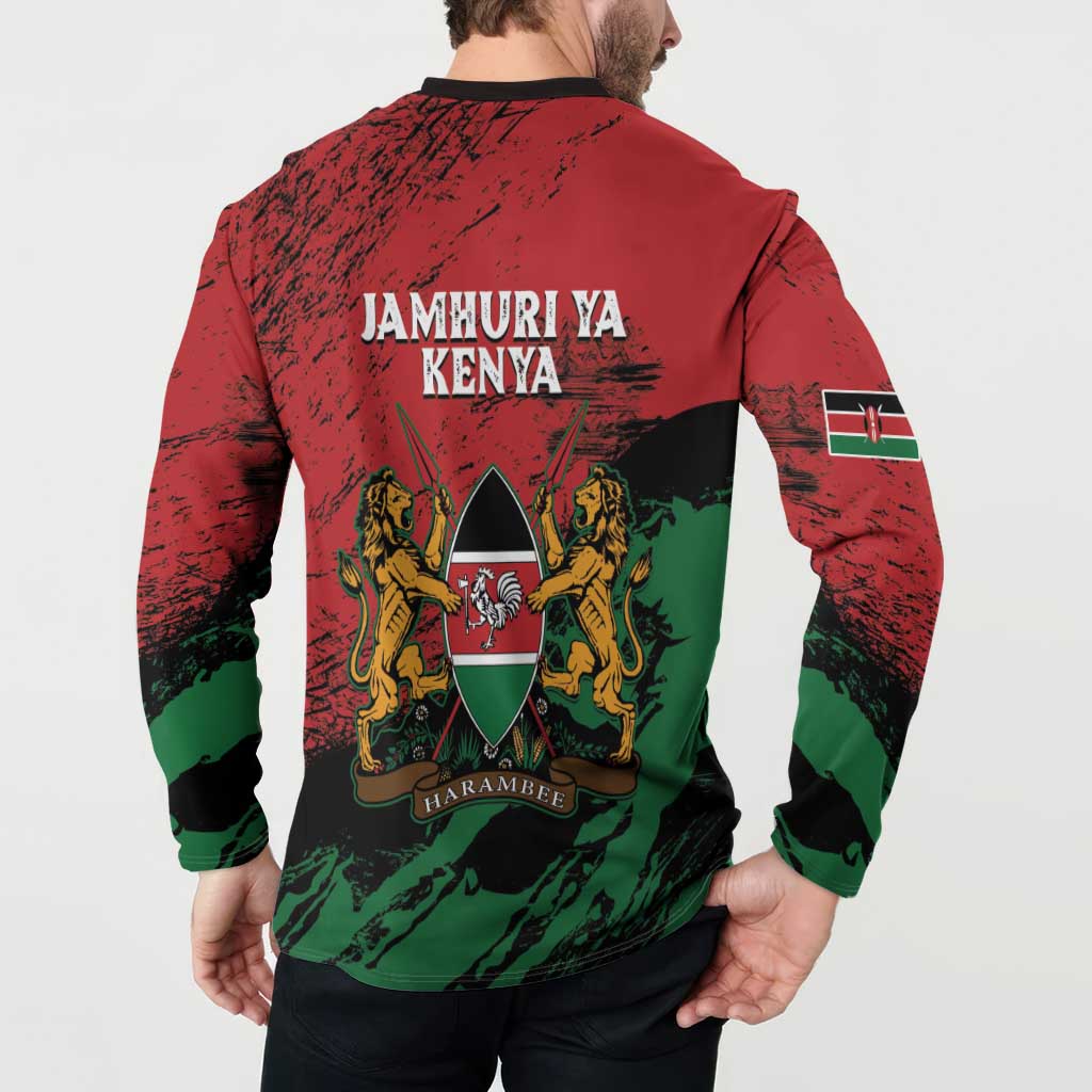 Red back-print Kenya button sweatshirt with JAMHURIYA KENYA, lions crest, and flag sleeve