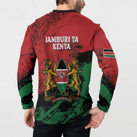 Red back-print Kenya button sweatshirt with JAMHURIYA KENYA, lions crest, and flag sleeve