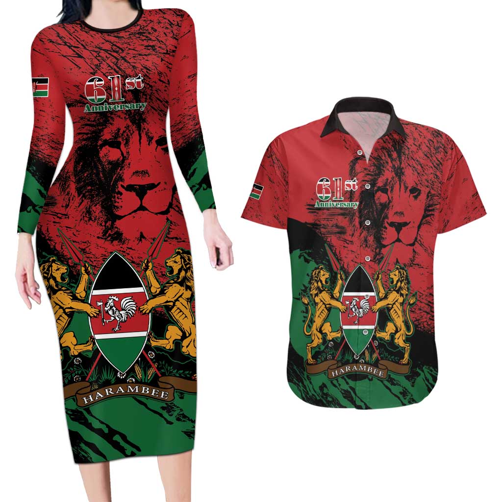 Kenya Independence Day Couples Matching Long Sleeve Bodycon Dress and Hawaiian Shirt 61st Anniversary - Coat Of Arms - Wonder Print Shop