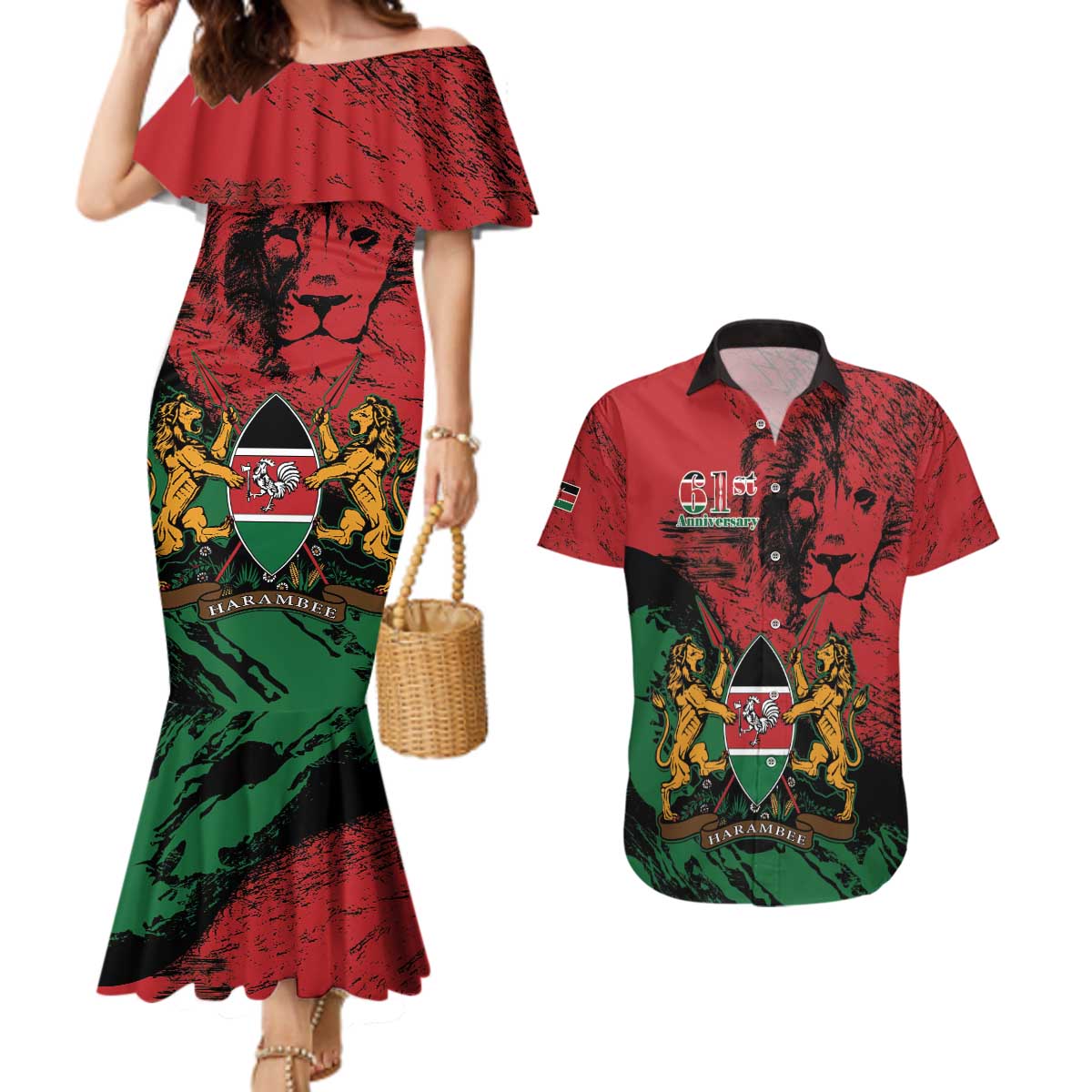 Kenya Independence Day Couples Matching Mermaid Dress and Hawaiian Shirt 61st Anniversary - Coat Of Arms - Wonder Print Shop