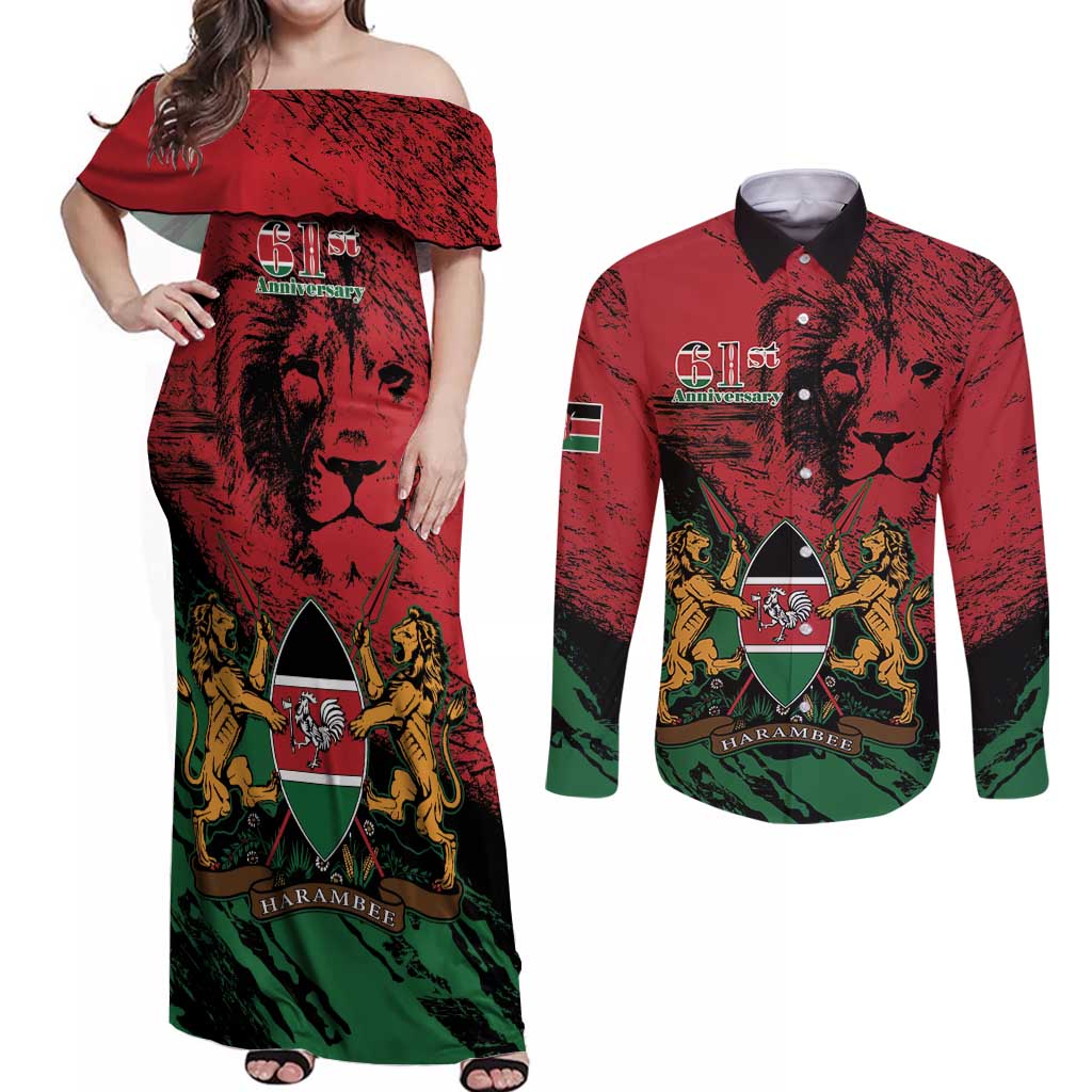 Kenya Independence Day Couples Matching Off Shoulder Maxi Dress and Long Sleeve Button Shirt 61st Anniversary - Coat Of Arms - Wonder Print Shop