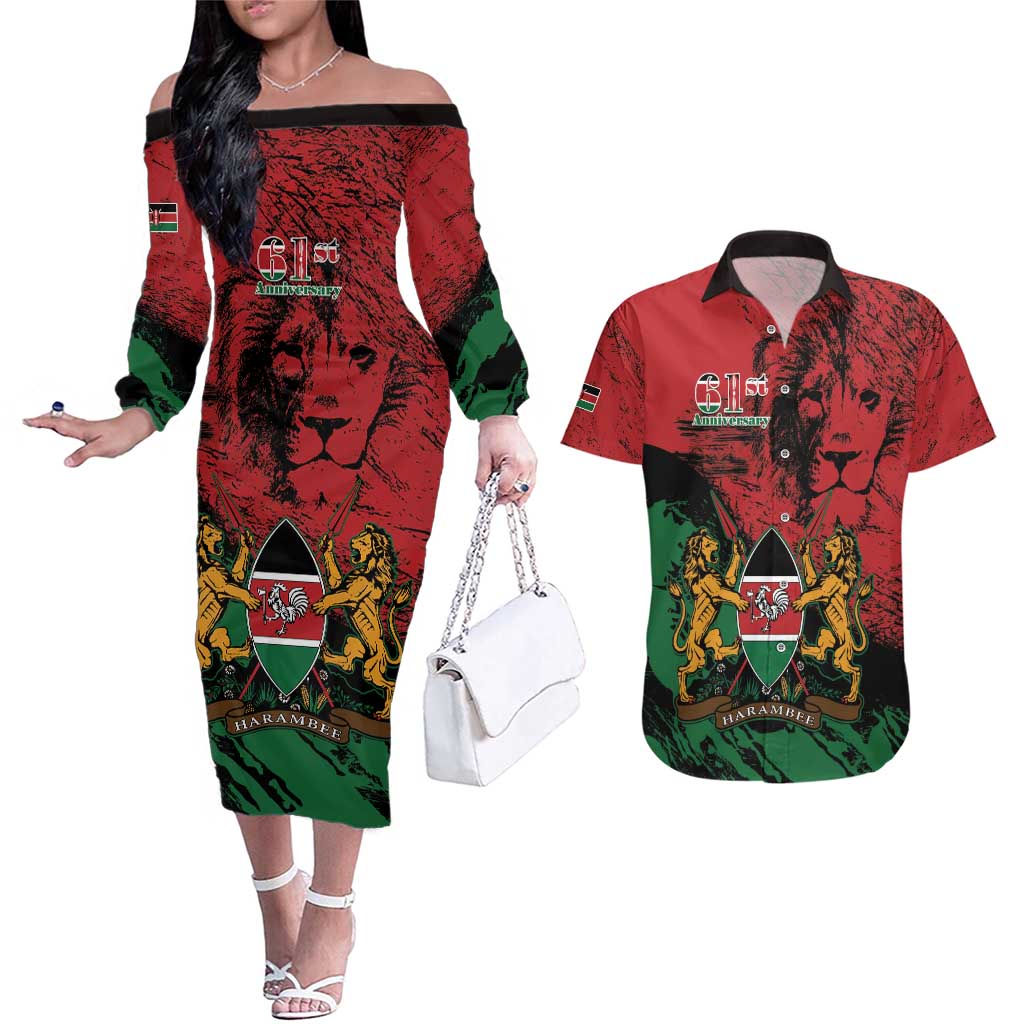 Kenya Independence Day Couples Matching Off The Shoulder Long Sleeve Dress and Hawaiian Shirt 61st Anniversary - Coat Of Arms - Wonder Print Shop