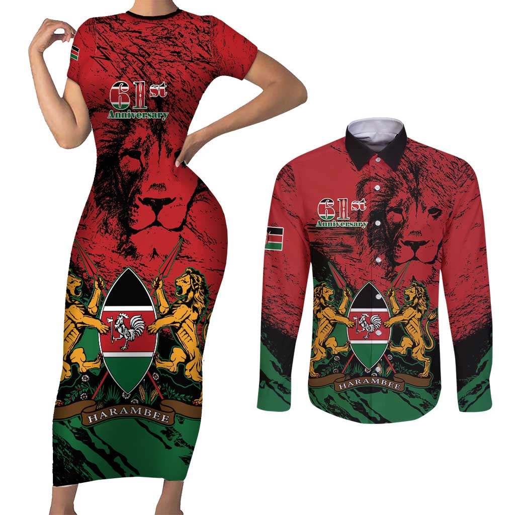 Kenya Independence Day Couples Matching Short Sleeve Bodycon Dress and Long Sleeve Button Shirt 61st Anniversary - Coat Of Arms - Wonder Print Shop