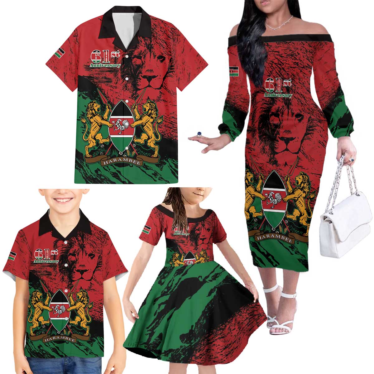 Kenya Independence Day Family Matching Off The Shoulder Long Sleeve Dress and Hawaiian Shirt 61st Anniversary - Coat Of Arms - Wonder Print Shop