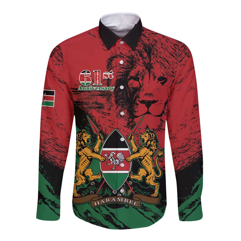 Red long-sleeve button shirt with Kenya coat of arms and 61st anniversary graphic