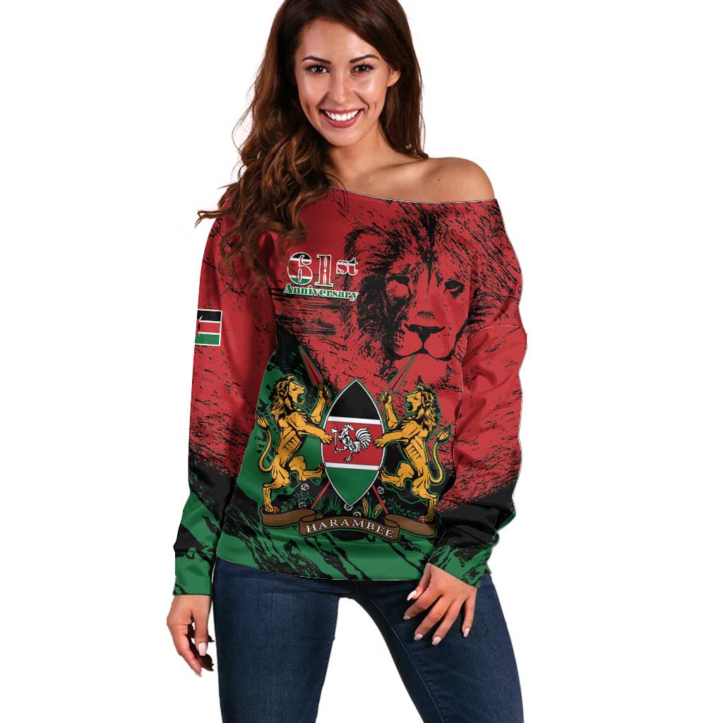 Kenya Independence Day Off Shoulder Sweater 61st Anniversary - Coat Of Arms - Wonder Print Shop