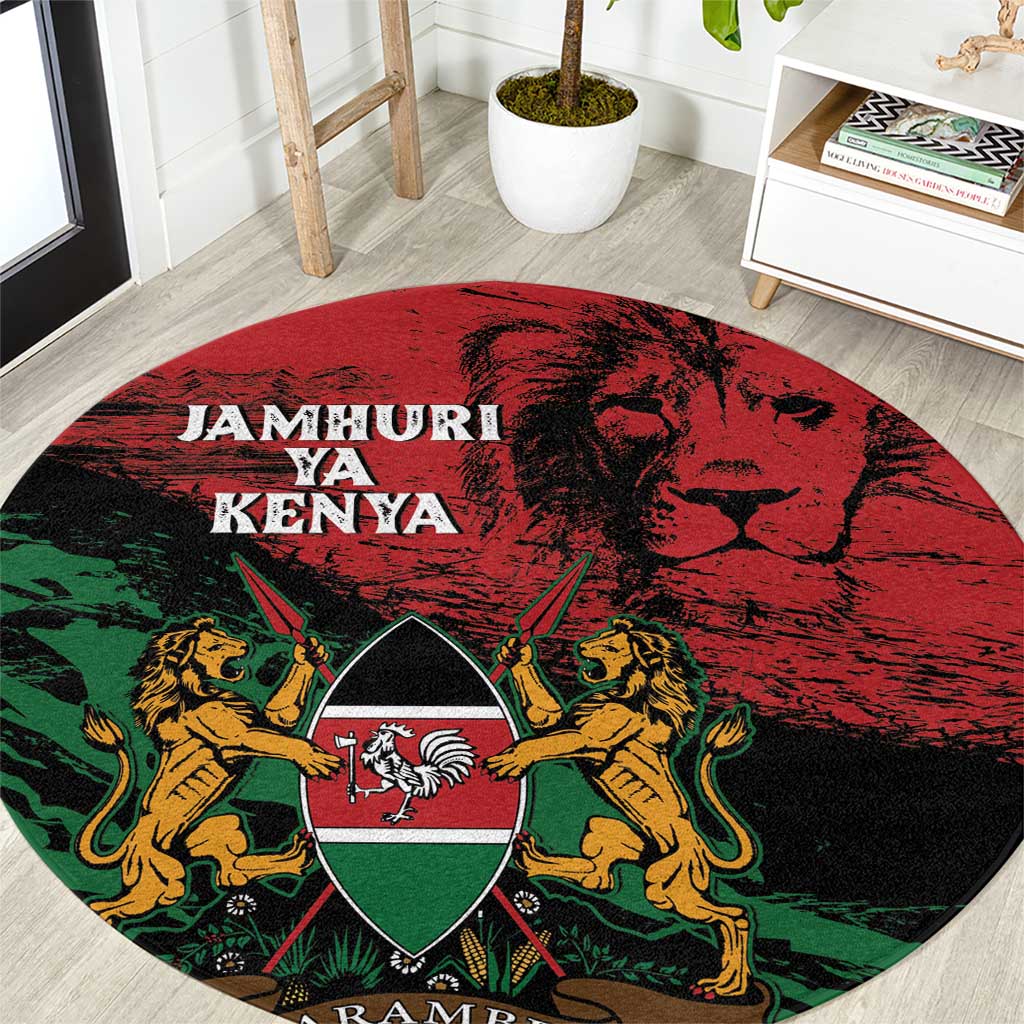 Round red, green, and black Kenya coat of arms round carpet with lions and text