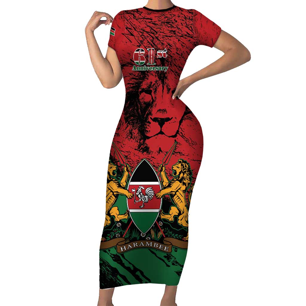 Kenya Independence Day Short Sleeve Bodycon Dress 61st Anniversary - Coat Of Arms - Wonder Print Shop