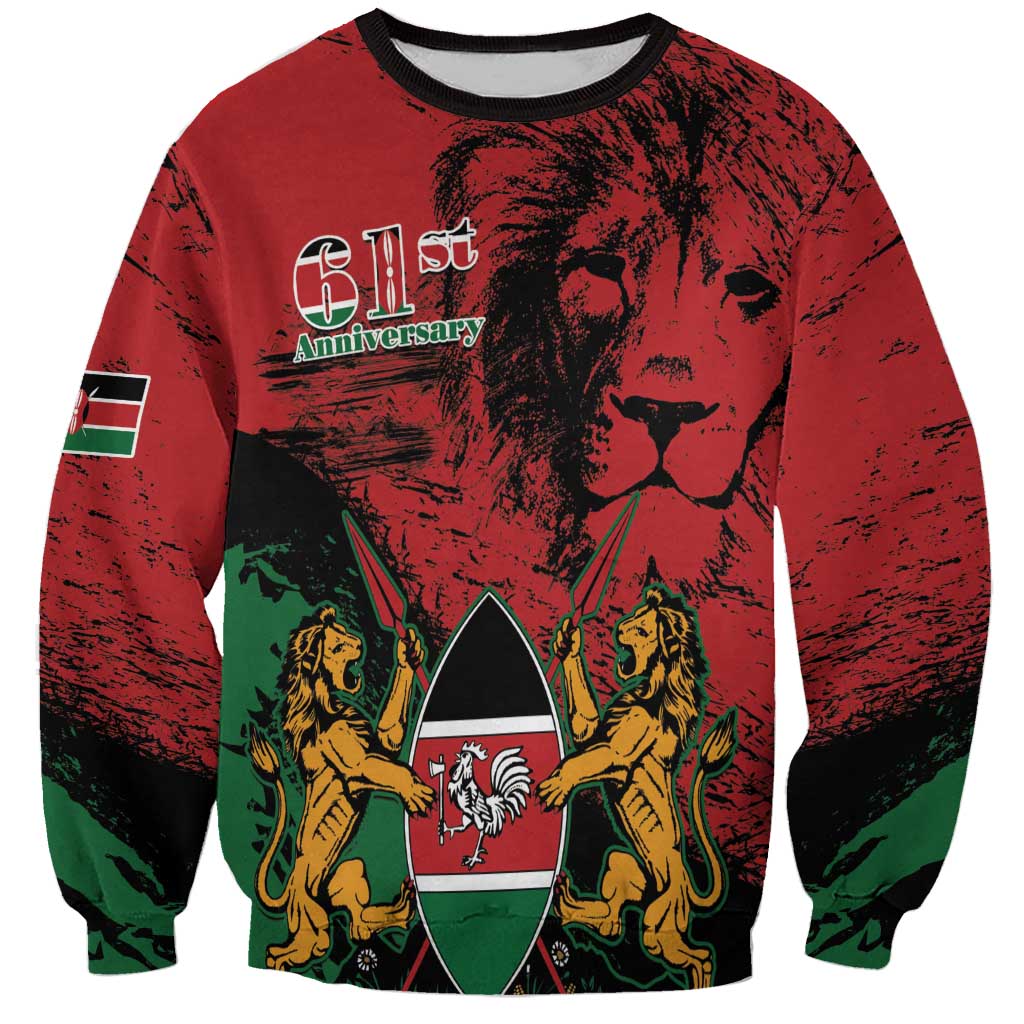 Red crewneck sweatshirt with lion-and-shield Coat of Arms and 61st Anniversary print