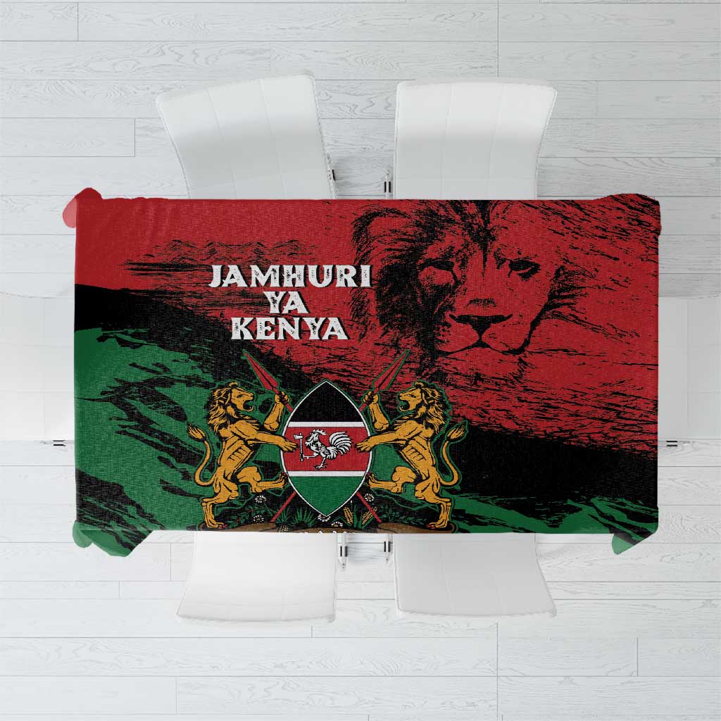 Kenya independence tablecloth with coat of arms and lion graphic, red and green