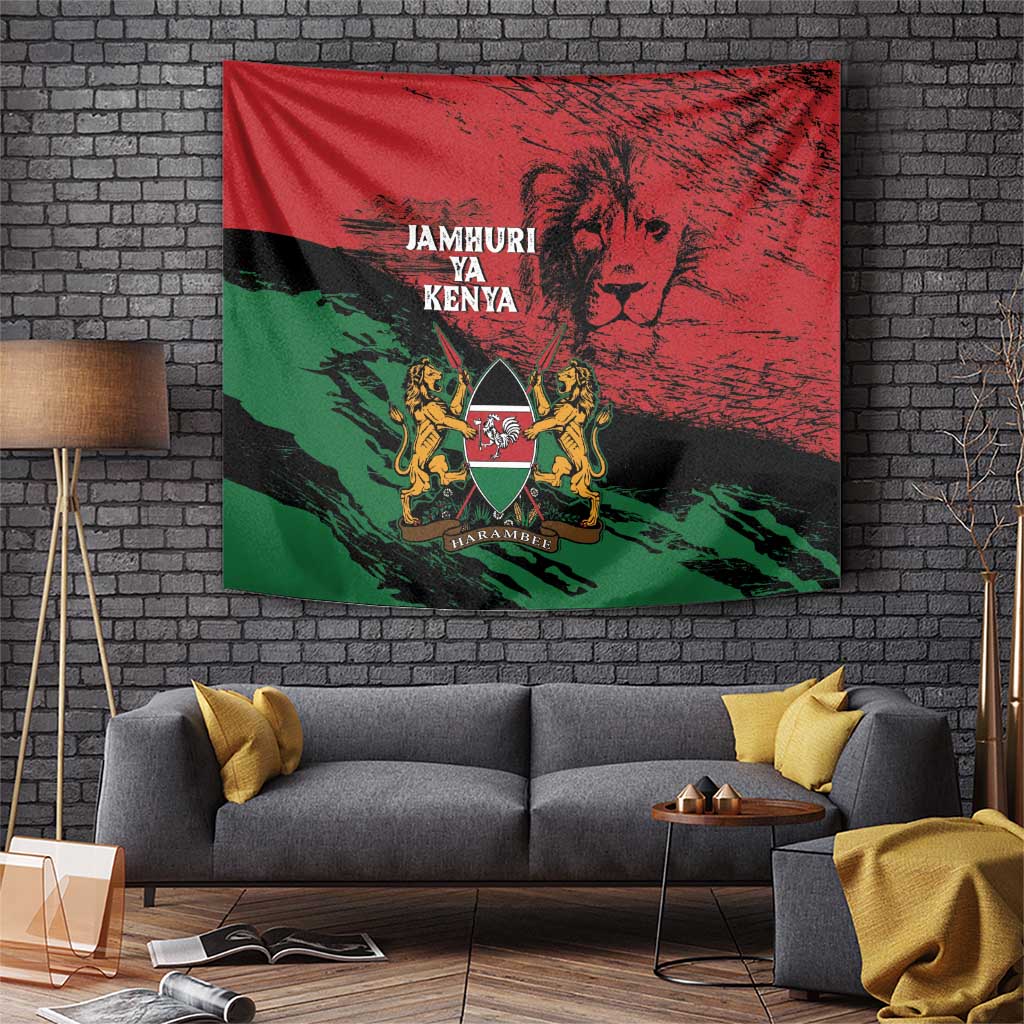 Red Kenya tapestry with 'Jamhuri Ya Kenya' text and central coat of arms