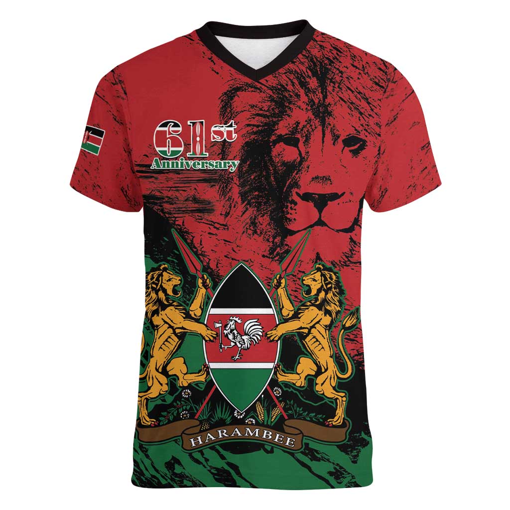 Kenya Independence Day Women V-Neck T-Shirt 61st Anniversary - Coat Of Arms - Wonder Print Shop