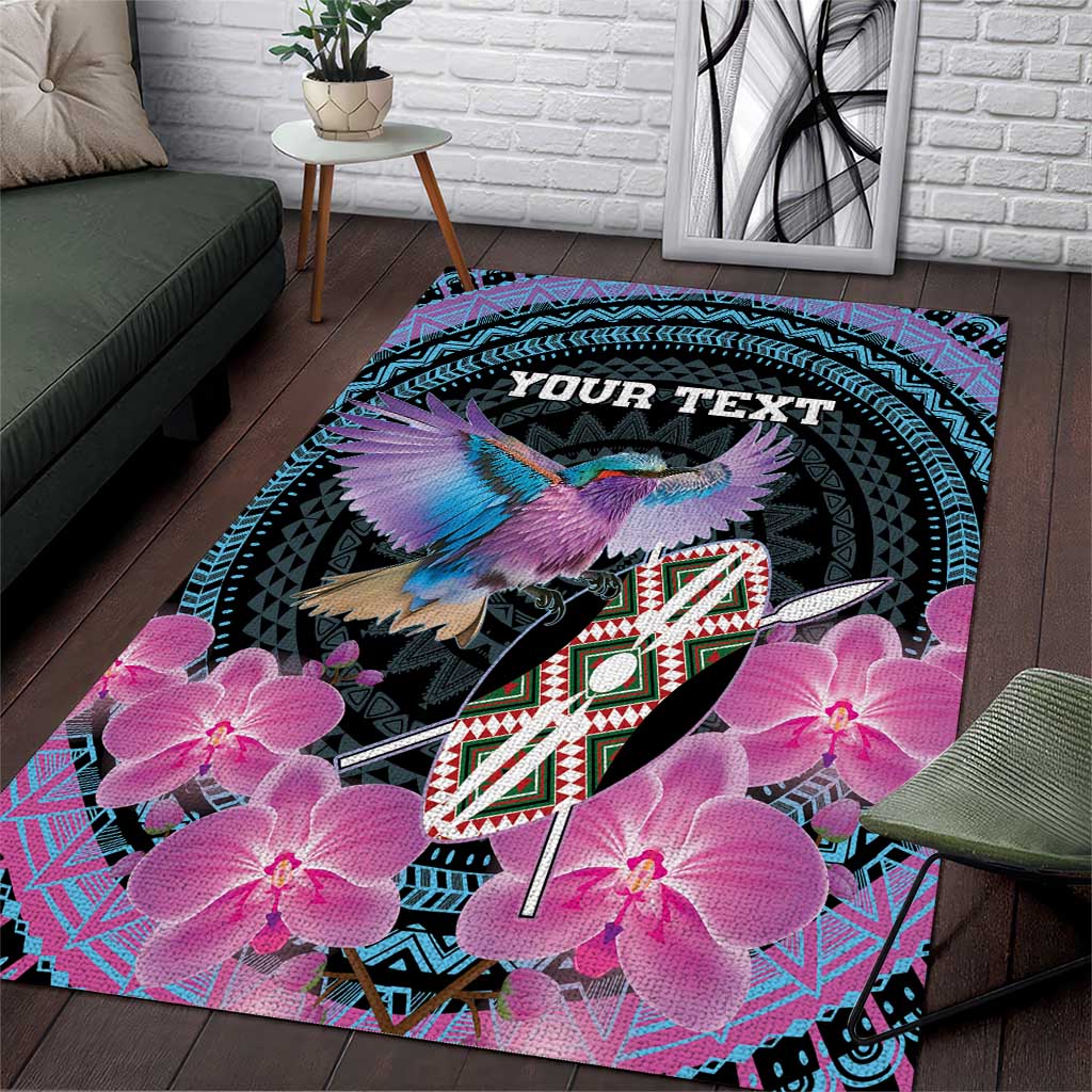 Personalised Kenya Lilac Breasted Roller Area Rug Mix Maasai Shield With Orchid Flower - Wonder Print Shop