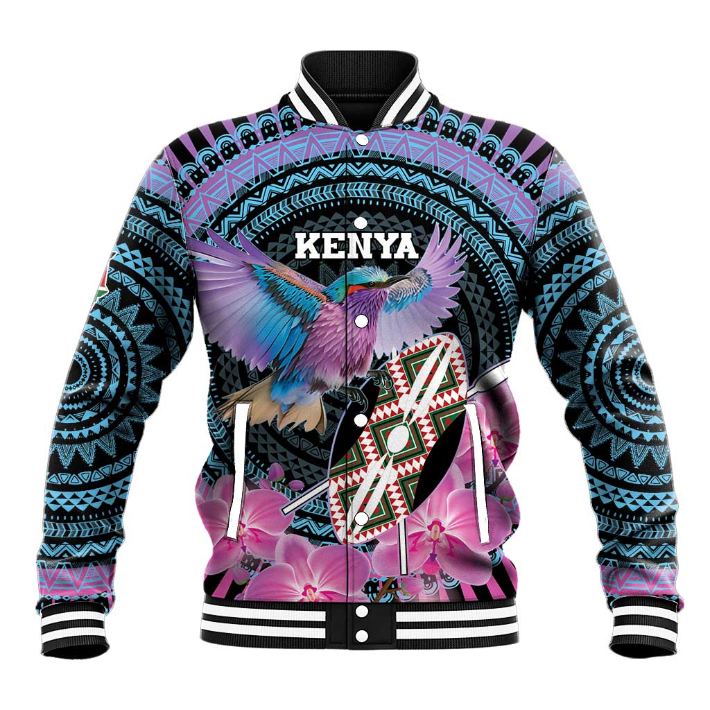 Personalized baseball jacket with Kenya graphic, bird and orchid florals, black rib trim