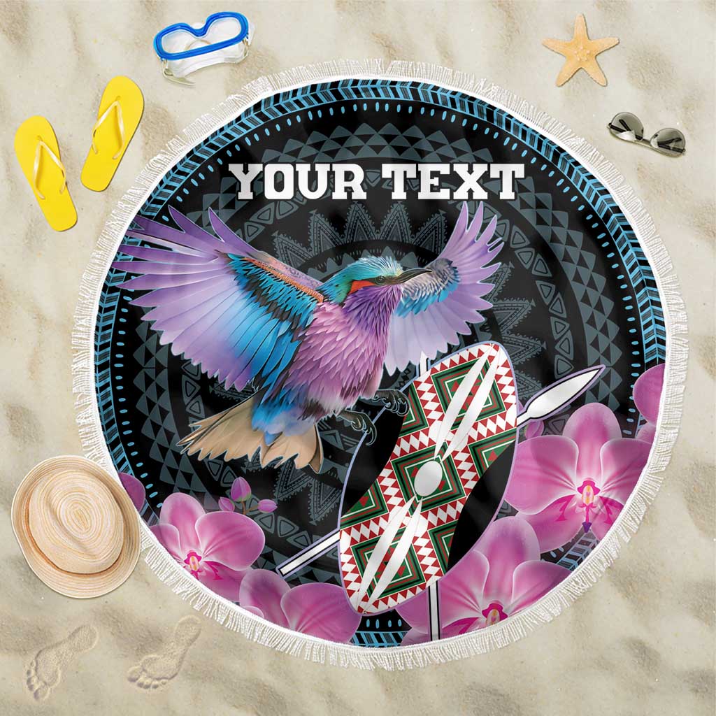 Personalised Kenya Lilac Breasted Roller Beach Blanket Mix Maasai Shield With Orchid Flower - Wonder Print Shop