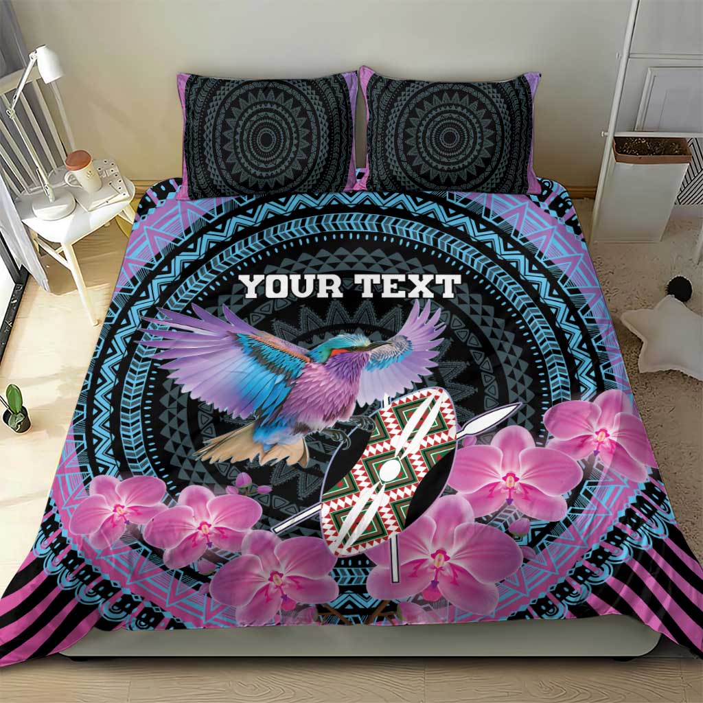 Purple and black bedding set with two round-pattern pillows, pink orchids around bird shield