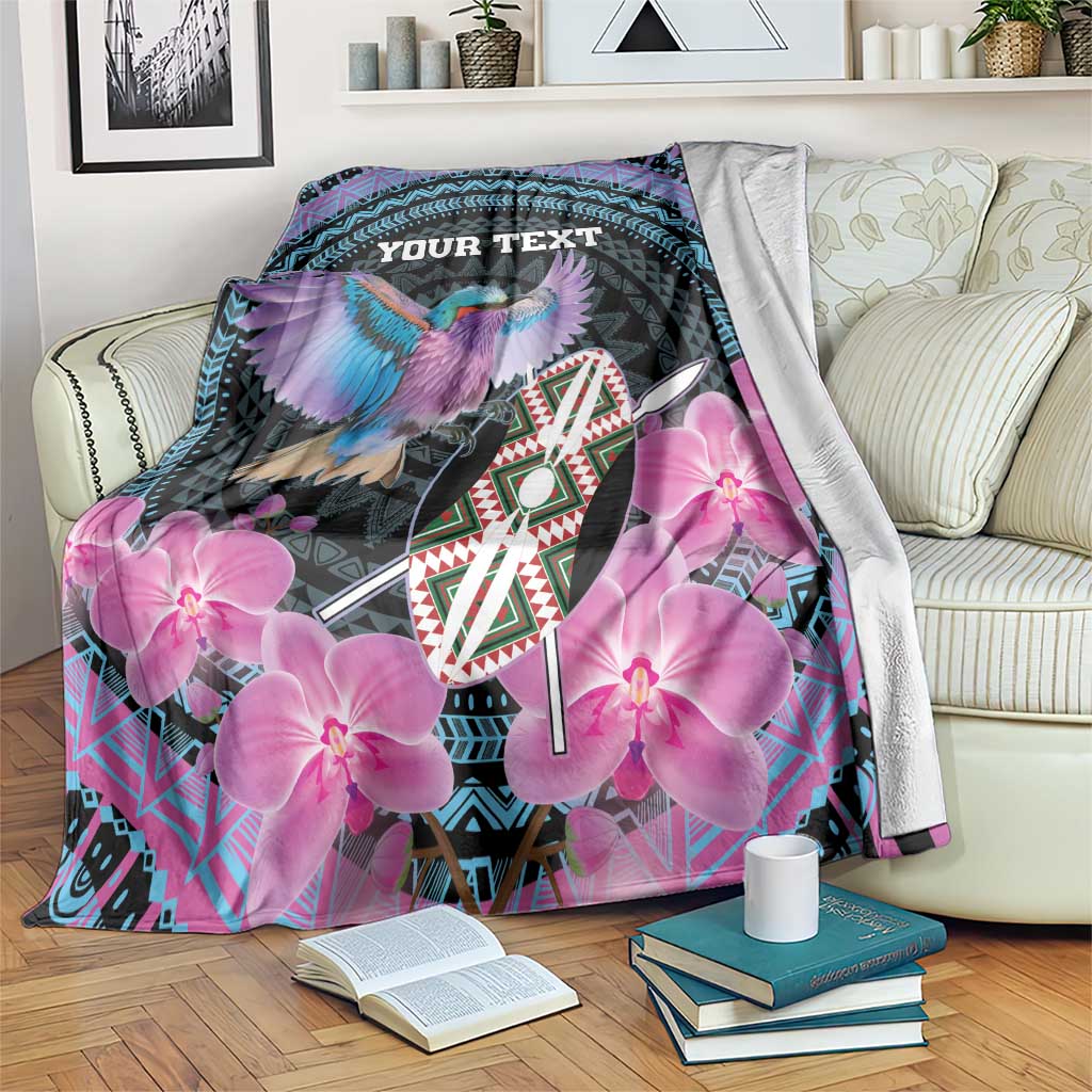 Personalised Kenya Lilac Breasted Roller Blanket Mix Maasai Shield With Orchid Flower