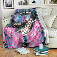 Personalized roller blanket, black with purple orchid flowers and bird, 'YOUR TEXT' center